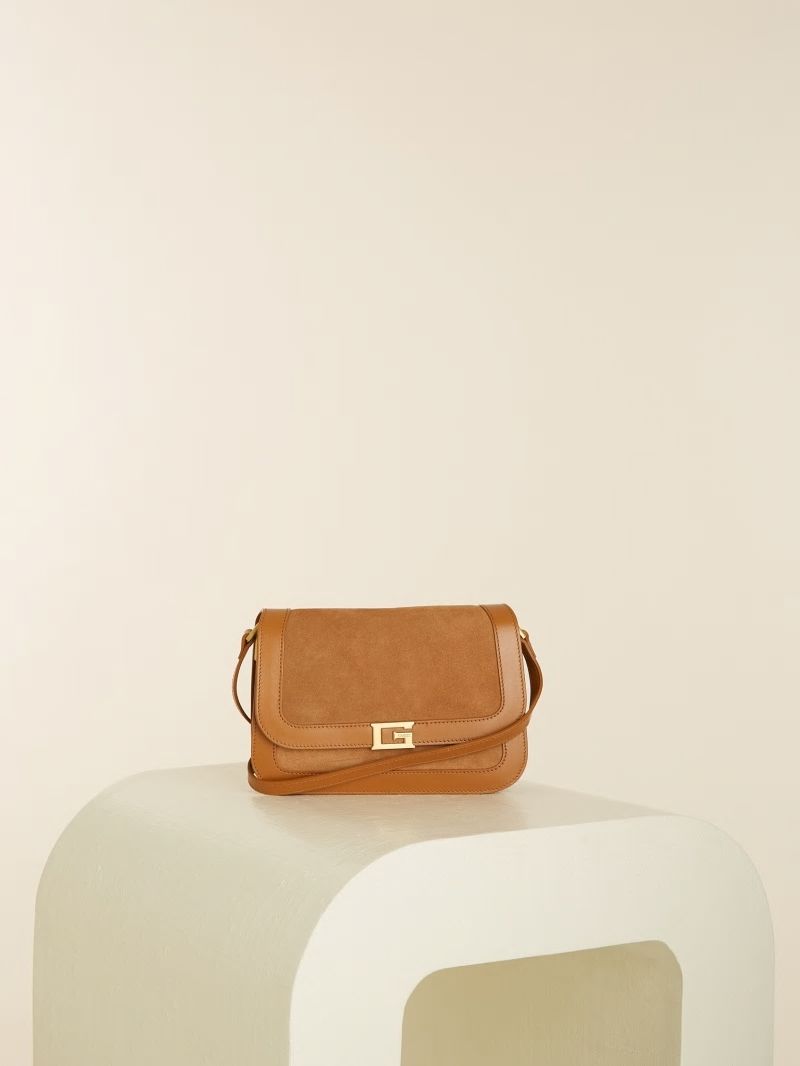 Guess Thea Mini Flap Leather Crossbody - Cognac