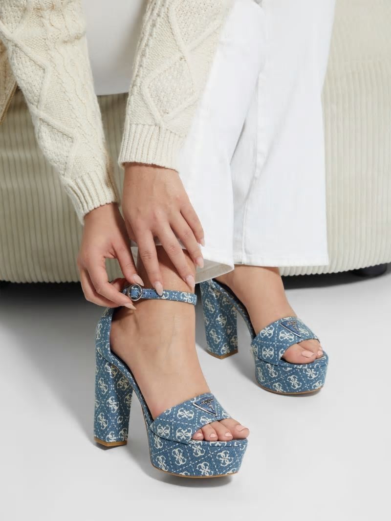 Guess Setone Denim Quattro G Platform Heels - Denim Tie Dye