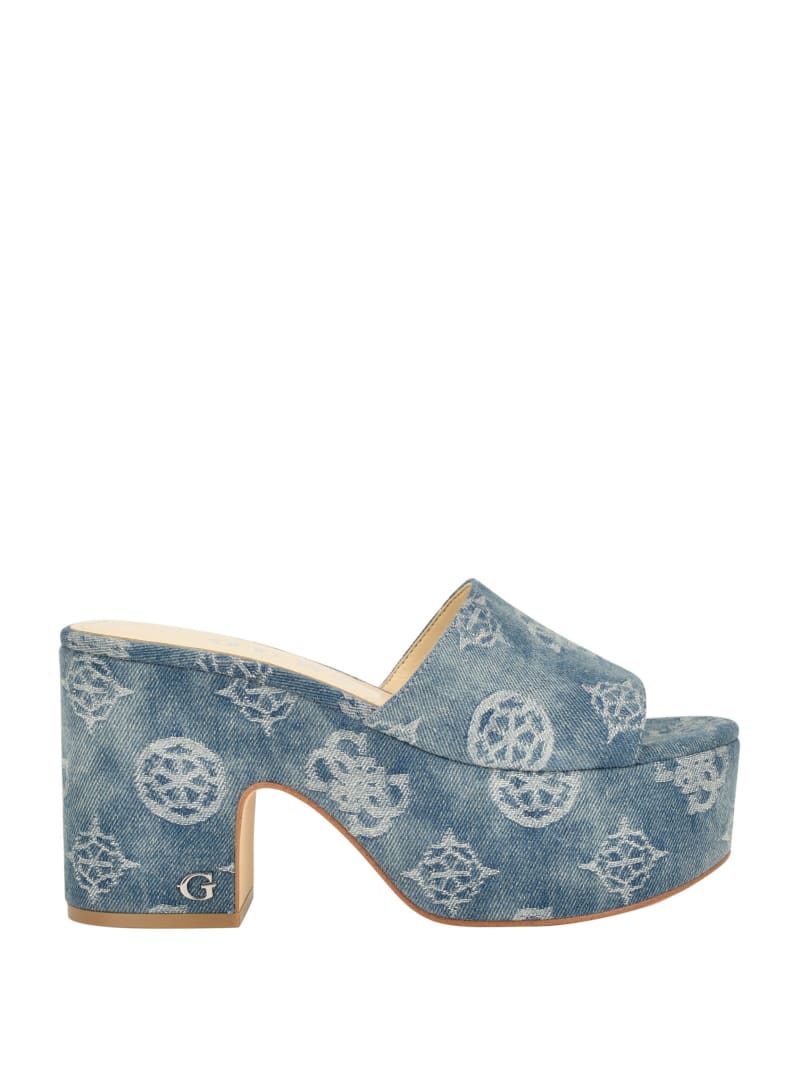 Guess Yapplea Denim Peony G Platform Mules - Blue