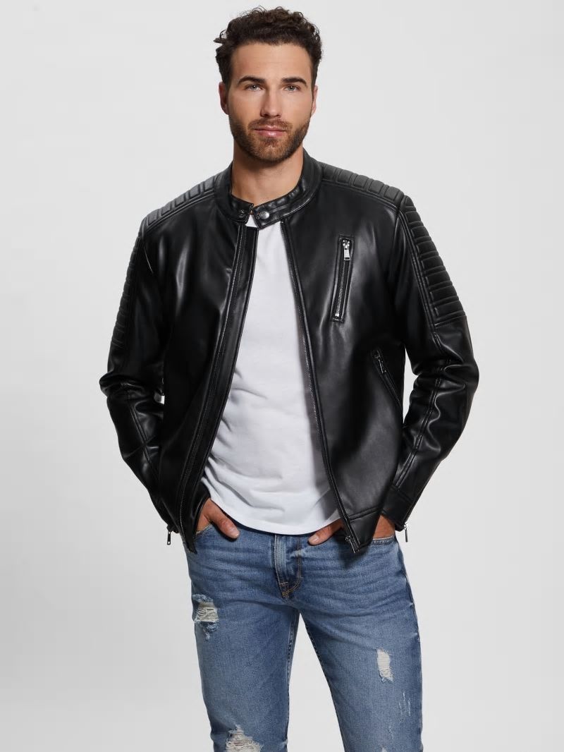 Guess Faux-Leather Biker Jacket - Black