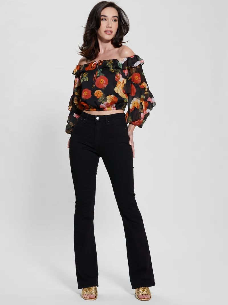 Guess Eco Shani Off-the-Shoulder Top - Peony Charm Print Black