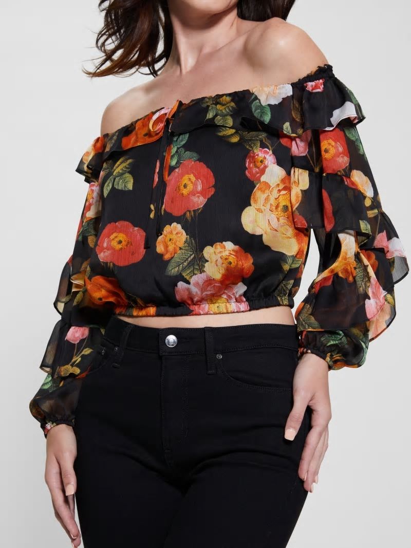 Guess Eco Shani Off-the-Shoulder Top - Peony Charm Print Black