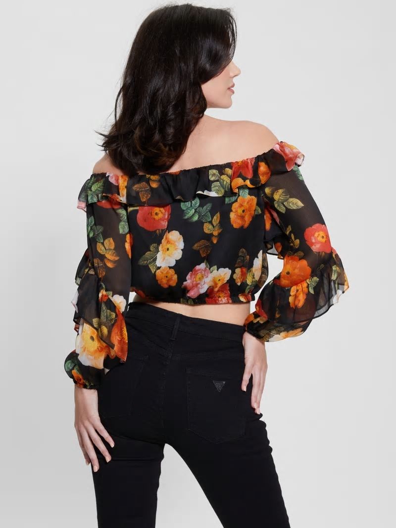 Guess Eco Shani Off-the-Shoulder Top - Peony Charm Print Black