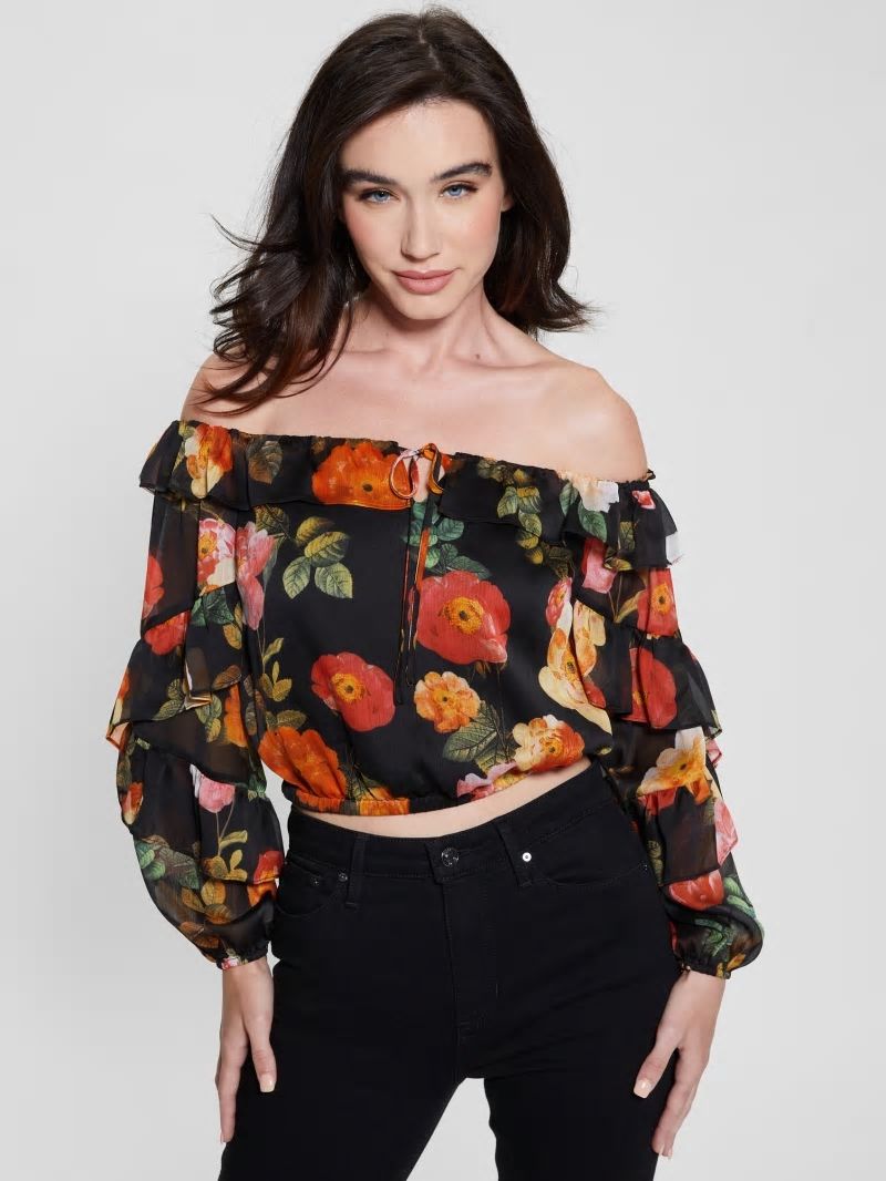 Guess Eco Shani Off-the-Shoulder Top - Peony Charm Print Black