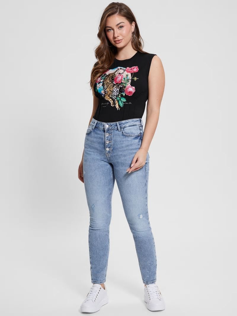 Guess Tiger Roses Corset Tee - Black