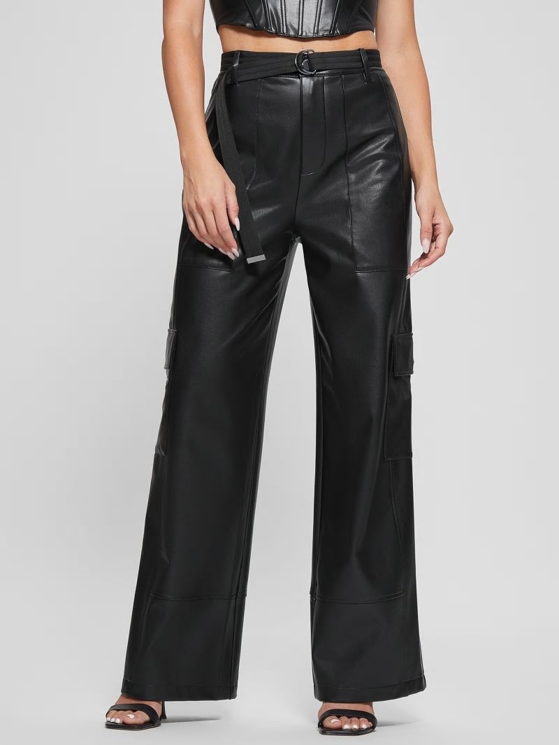 Guess Gwen Faux-Leather Cargo Pants - Jet Black Multi