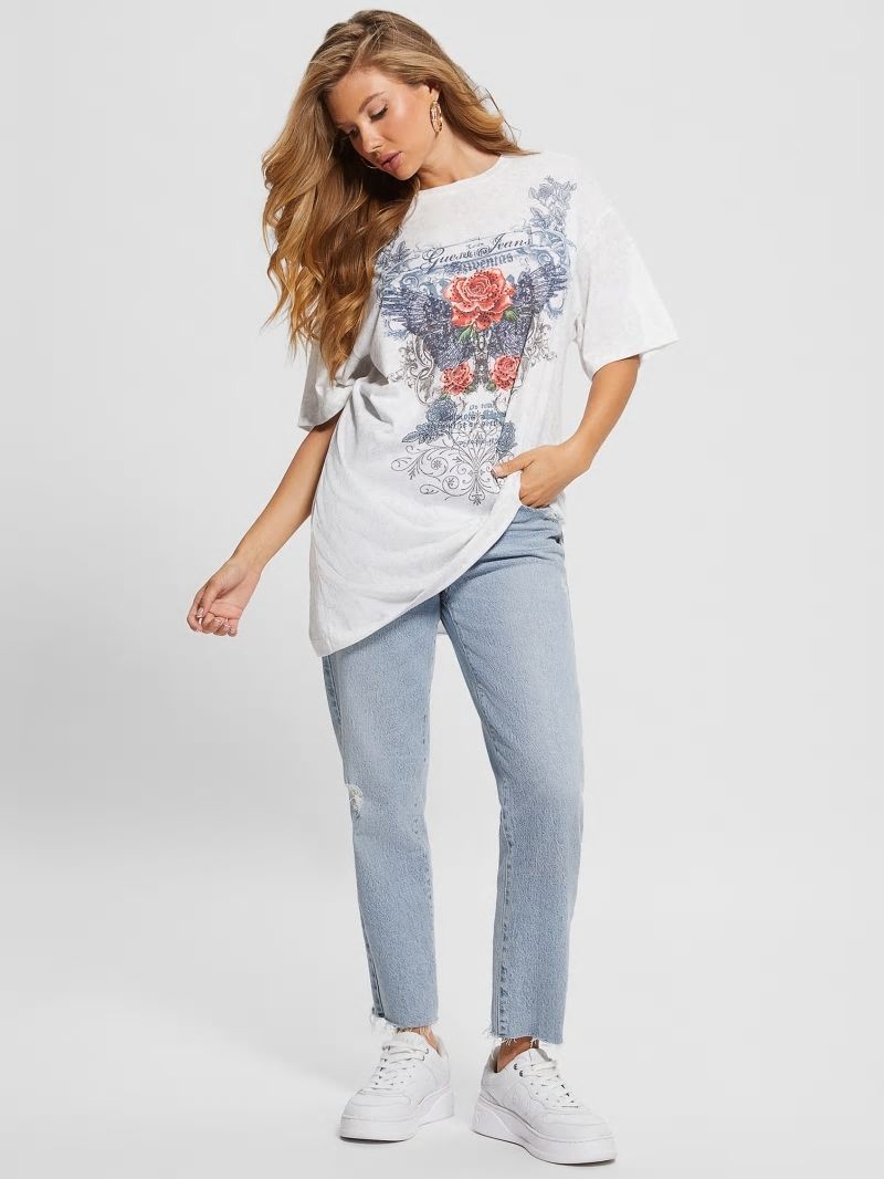 Guess Rose Wings Oversized Graphic Tee - Pure White Multi