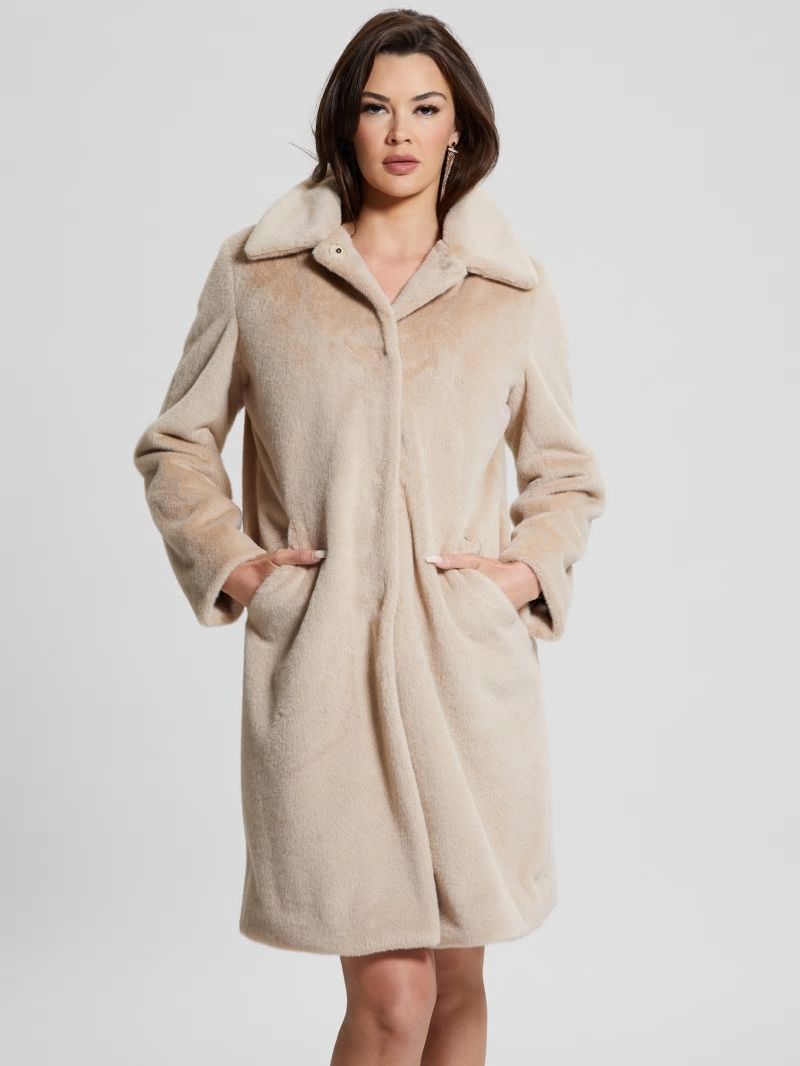 Guess Simmone Faux-Fur Coat - Foamy Taupe Multi