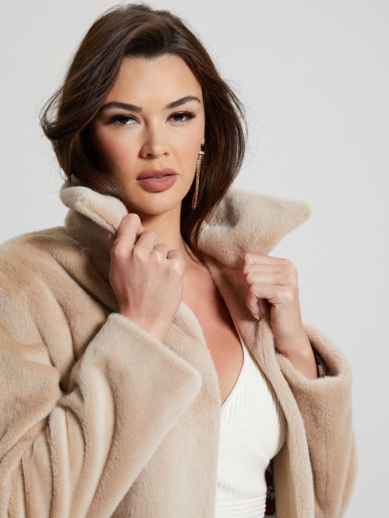 Guess Simmone Faux-Fur Coat - Foamy Taupe Multi