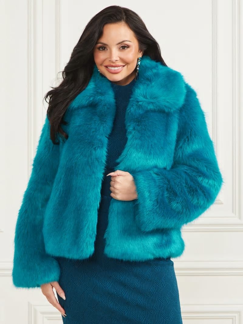 Guess Gwenda Faux-Fur Jacket - Bermuda Blue With Darker