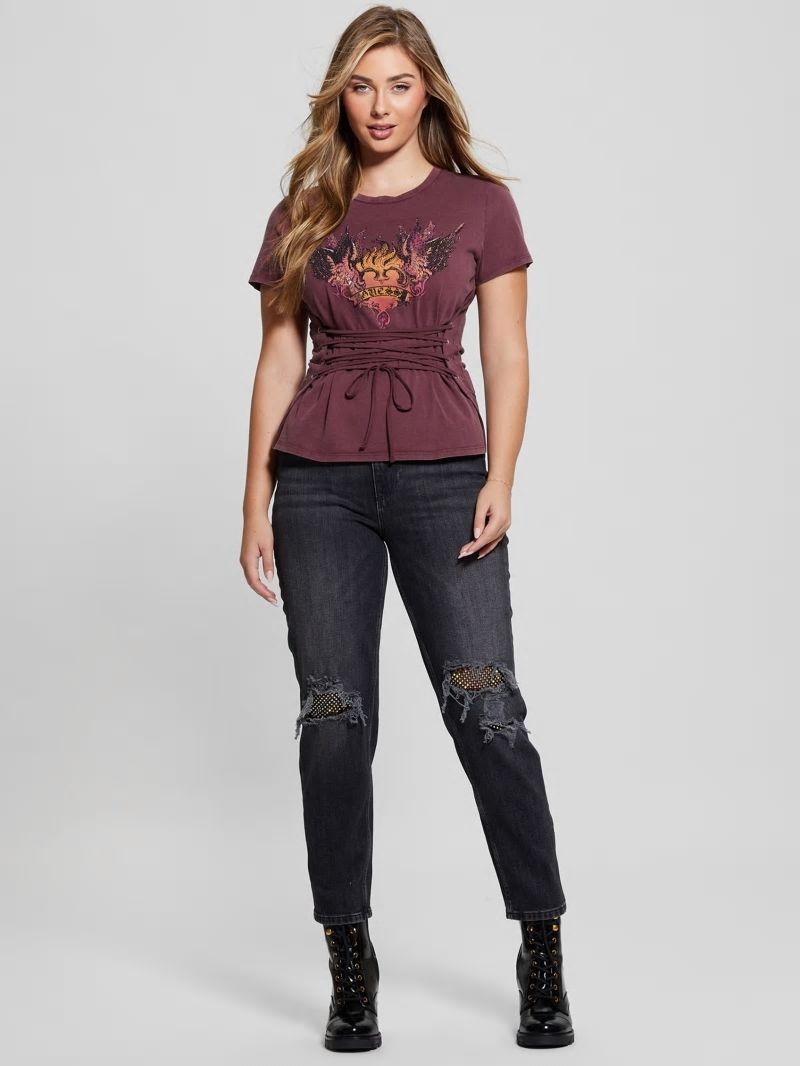 Guess Heart Aflame Graphic Lace-Up Tee - Mystic Wine Multi