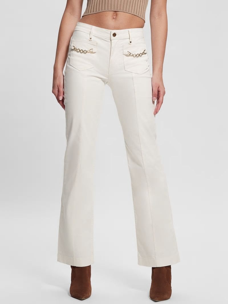 Guess Sateen Chain Sexy Bootcut Pants - Cream White