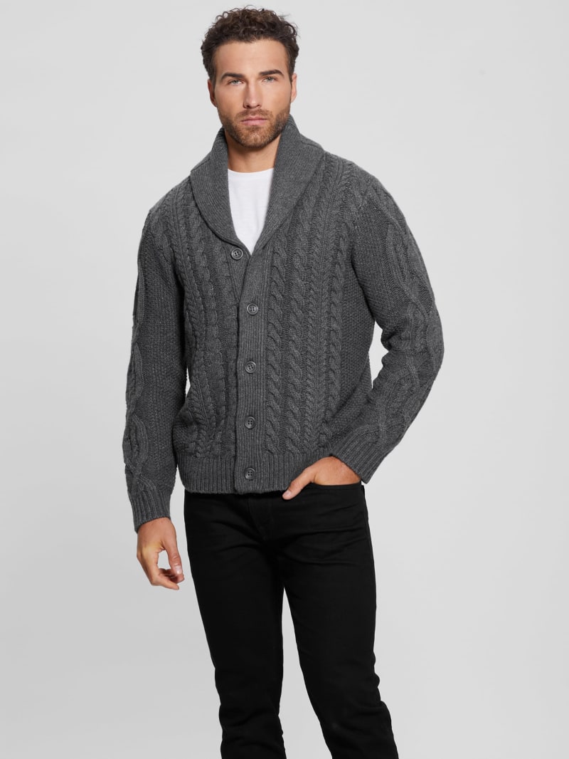 Guess Shane Celtic Cable-Knit Cardigan - Dark Coal Heather