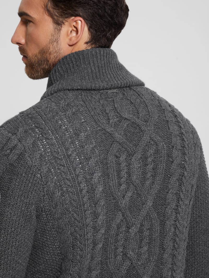 Guess Shane Celtic Cable-Knit Cardigan - Dark Coal Heather