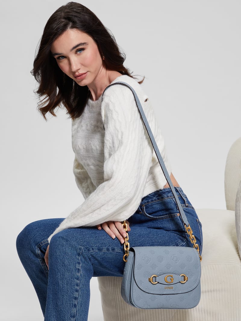 Guess Izzy Peony Tri-Compartment Flap Bag - Light Denim Logo