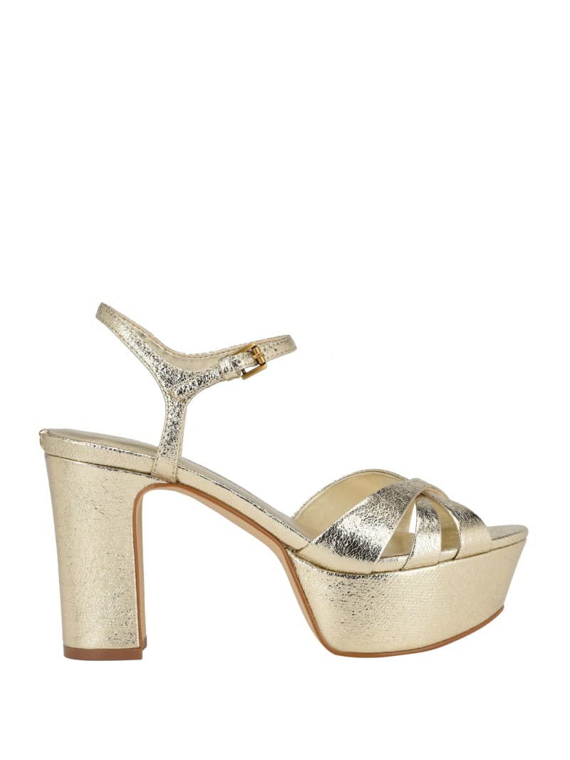 Guess Haylo Crisscross Platform Block Heels - Gold