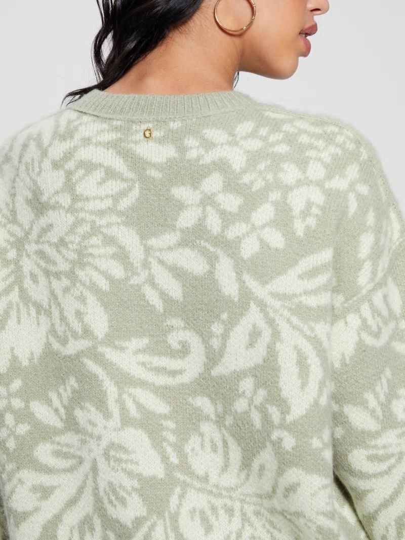 Guess Hibiscus Wool-Blend Sweater - Folk Floral Print Dove Wh