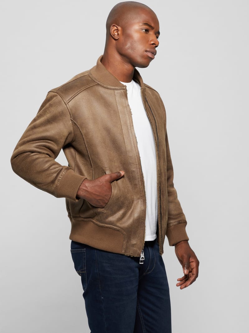 Guess Faux-Suede Aviator Jacket - Teak Wood