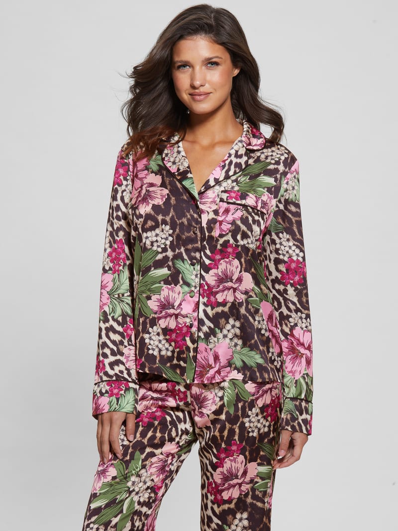 Guess Eco Dulcie Shirt and Pants PJ Set - Allover Flowers Leopard