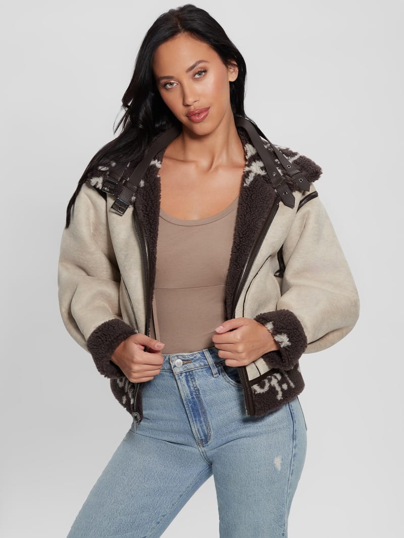 Guess Eco Raquel Reversible Biker Jacket - Brown And Cream Logo