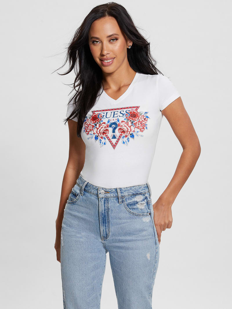 Guess Eco Floral Signature Triangle Tee - Pure White