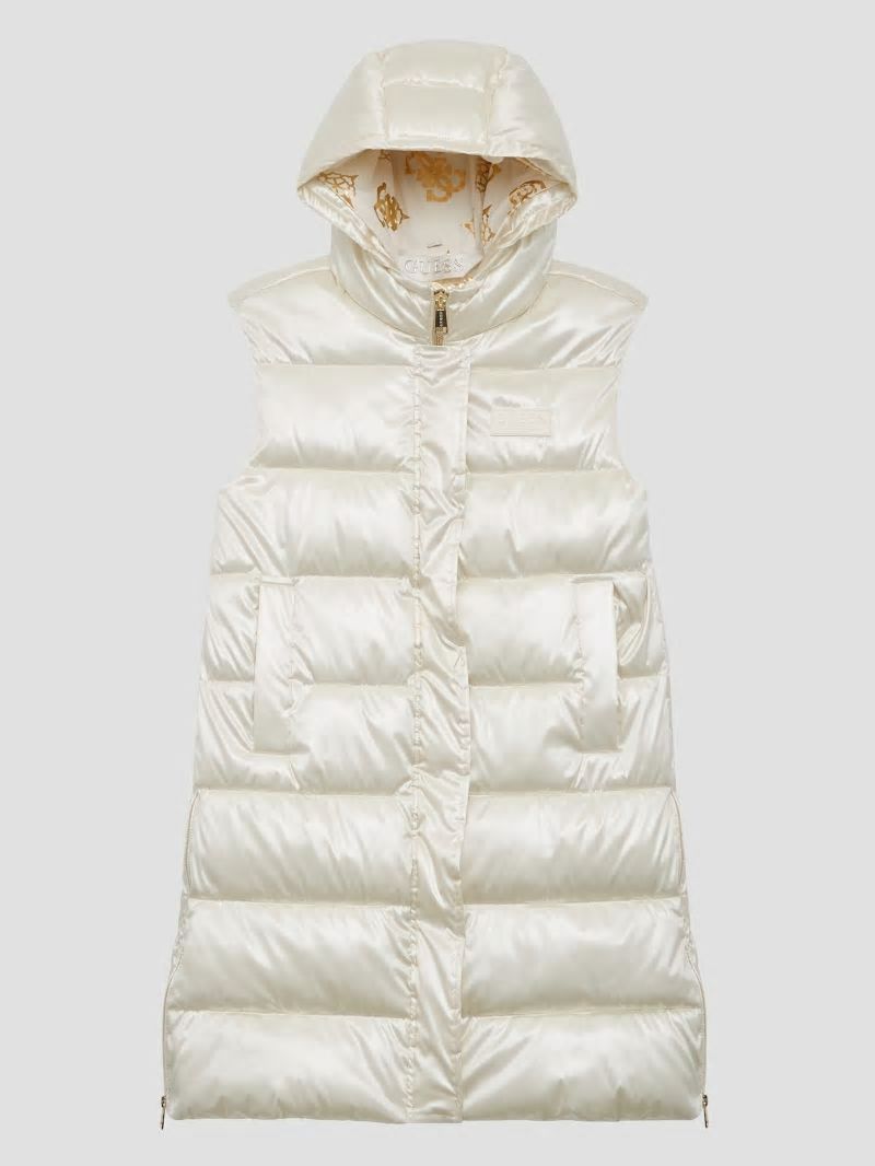 Guess Noemi Long Satin Puffer Vest - Cream White Multi