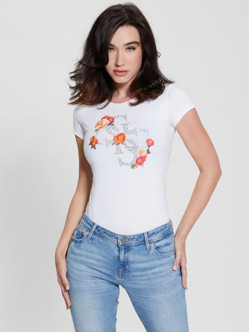 Guess Quattro G Floral Tee - Pure White