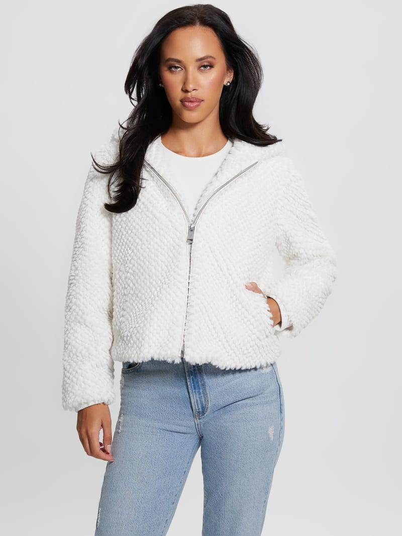 Guess Theoline Faux-Fur Hooded Jacket - Cream White