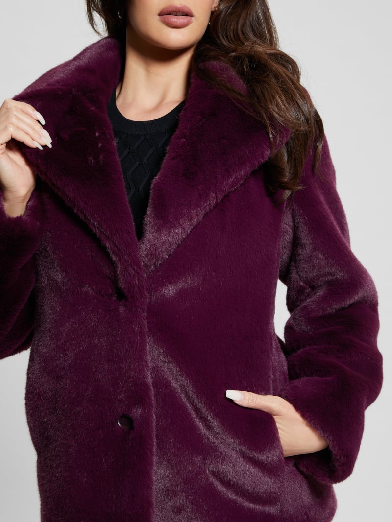 Guess Corinne Faux-Fur Coat - Black Cherry