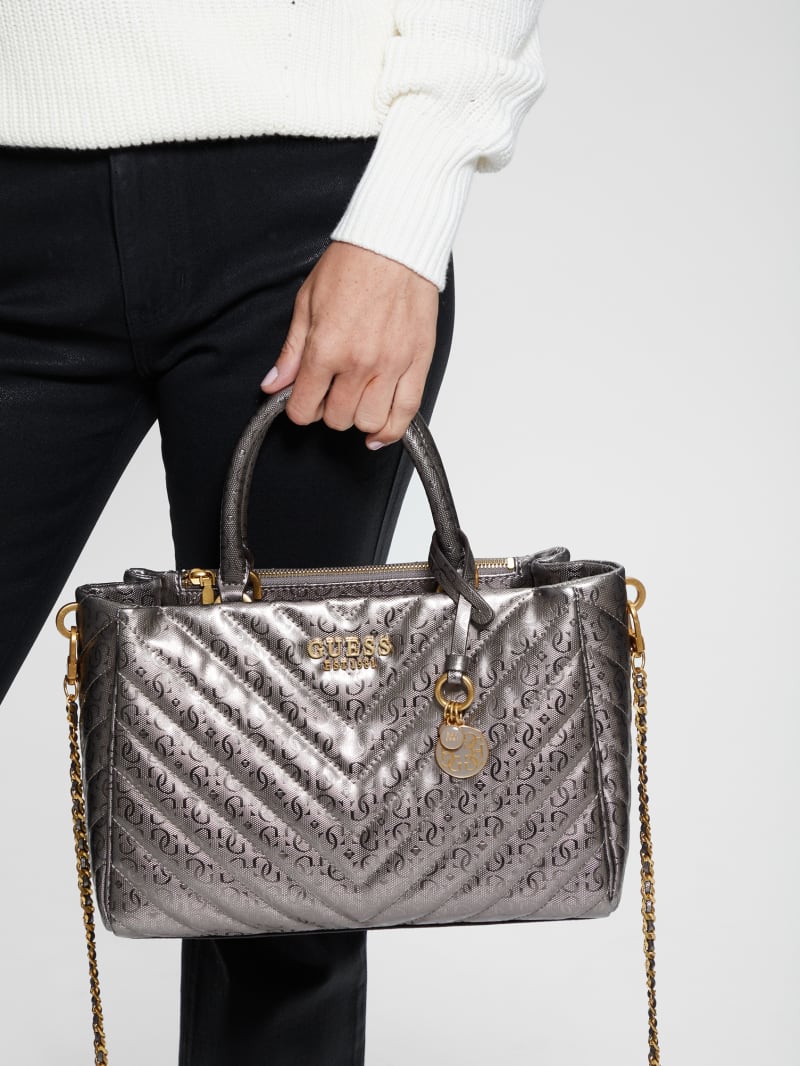 Guess Jania Metallic Quilted Society Satchel - Pewter