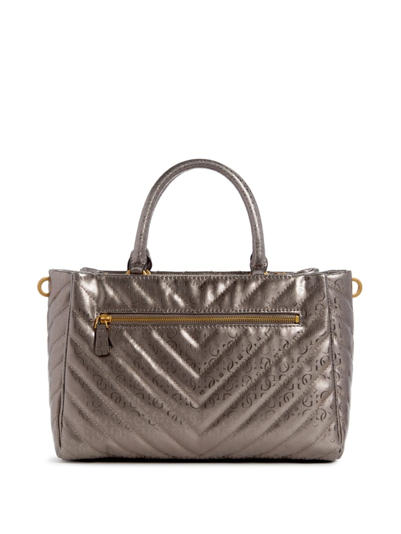 Guess Jania Metallic Quilted Society Satchel - Pewter