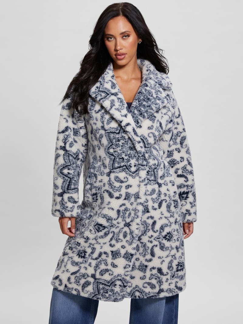 Guess Eco Carolina Printed Sherpa Coat - White Bandana Combo