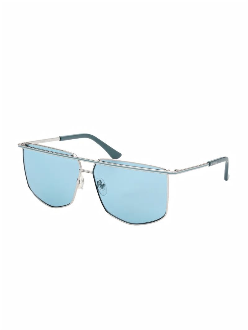 Guess Metal Brow Bar Geometric Sunglasses - Shiny Silver/Blue