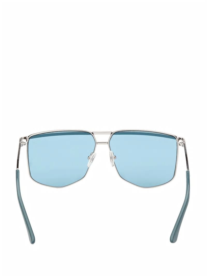 Guess Metal Brow Bar Geometric Sunglasses - Shiny Silver/Blue