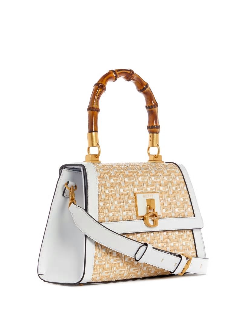 Guess Stephi Straw Logo Bamboo Fold-Over Satchel - White Multi