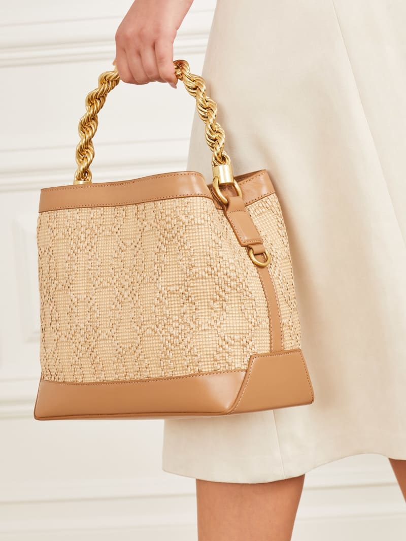 Guess Aida Straw Woven Bucket Bag - White