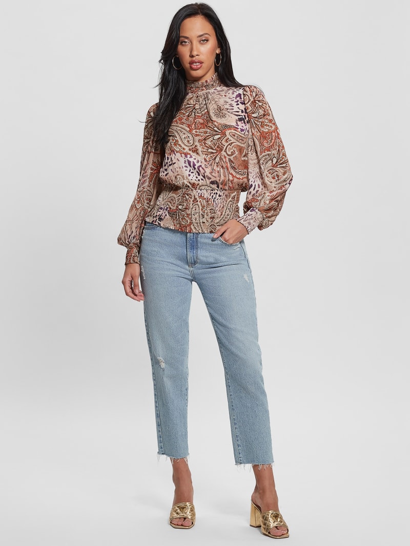 Guess Monique Printed Chiffon Top - Red Multi Pattern