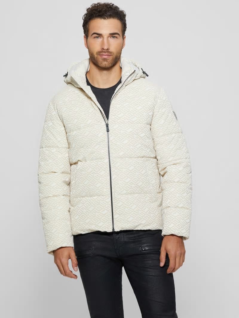 Guess Logo Hooded Puffer Jacket - Muted Stone Flock Guess