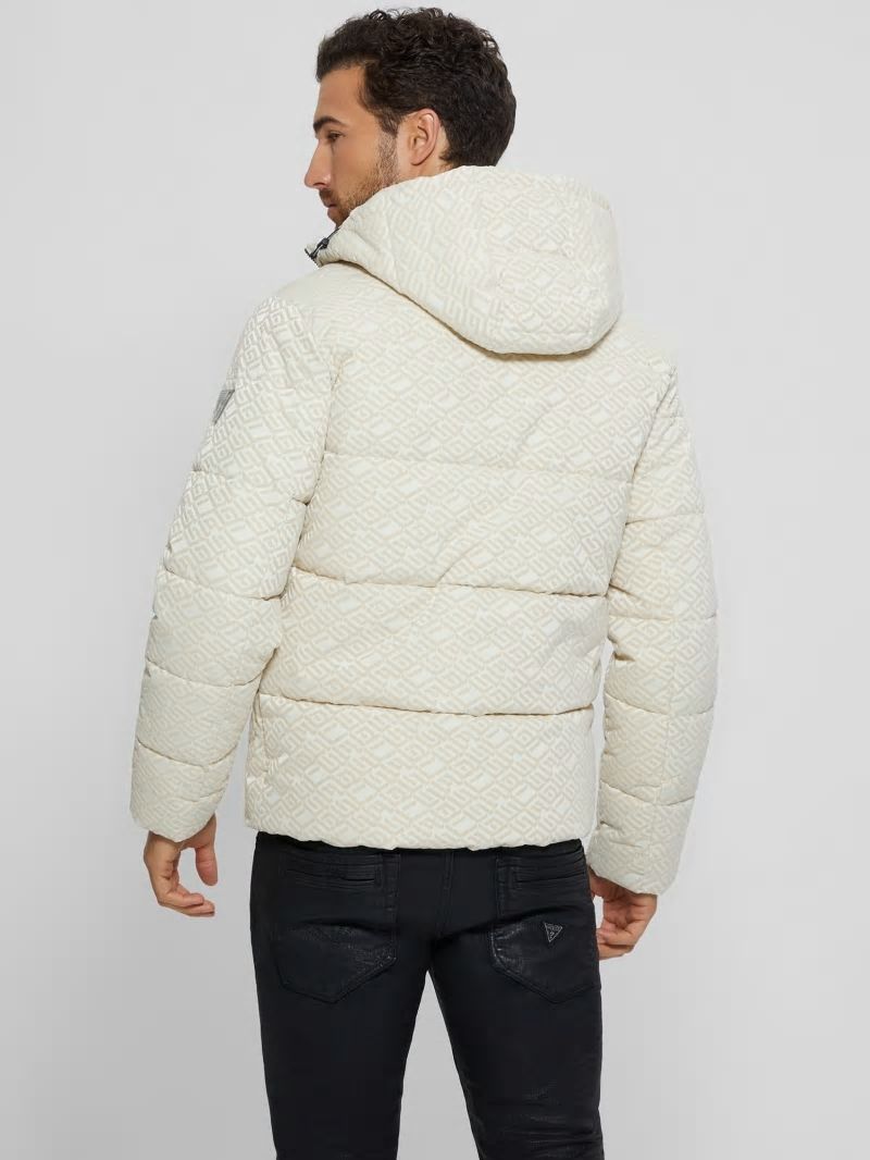 Guess Logo Hooded Puffer Jacket - Muted Stone Flock Guess