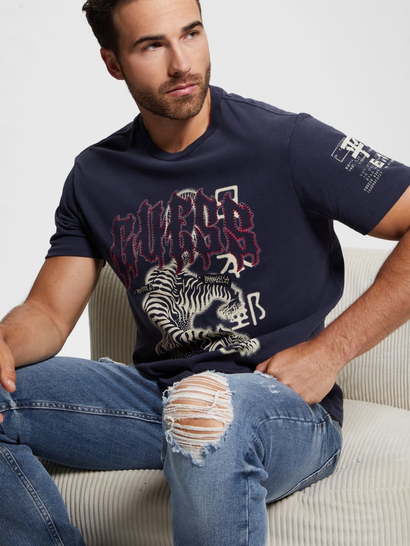 Guess Embellished Peace Tiger Tee - Smart Blue Multi