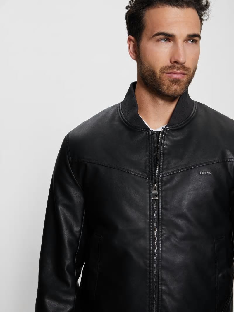 Guess Faux-Leather Aviator Jacket - Black