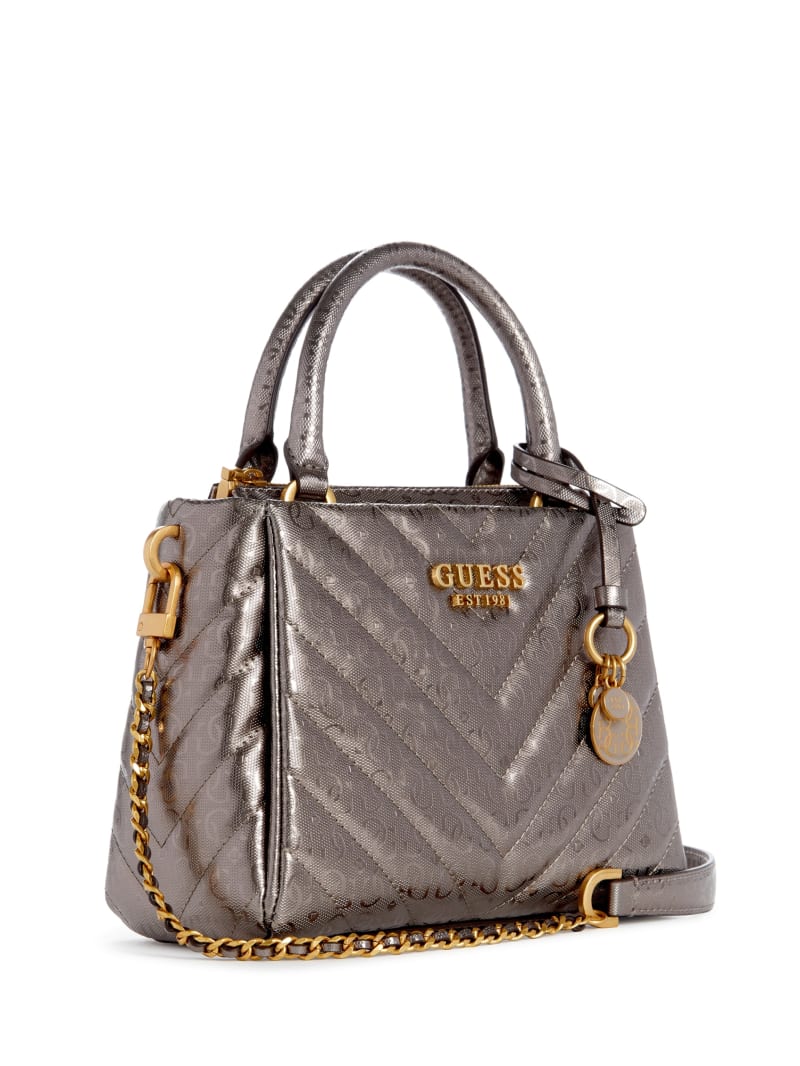 Guess Jania Metallic Quilted Small Girlfriend Satchel - Pewter