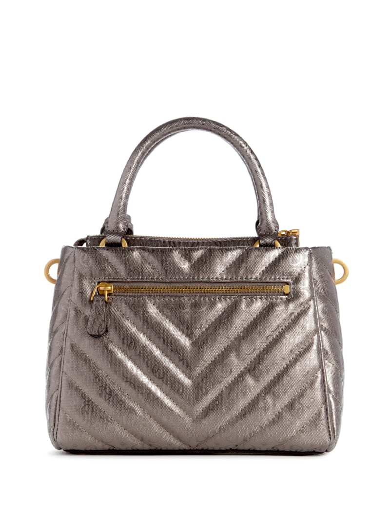 Guess Jania Metallic Quilted Small Girlfriend Satchel - Pewter