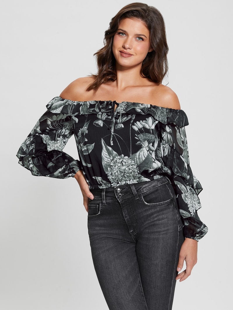 Guess Eco Shani Off-the-Shoulder Top - Phantom Flora Print Black