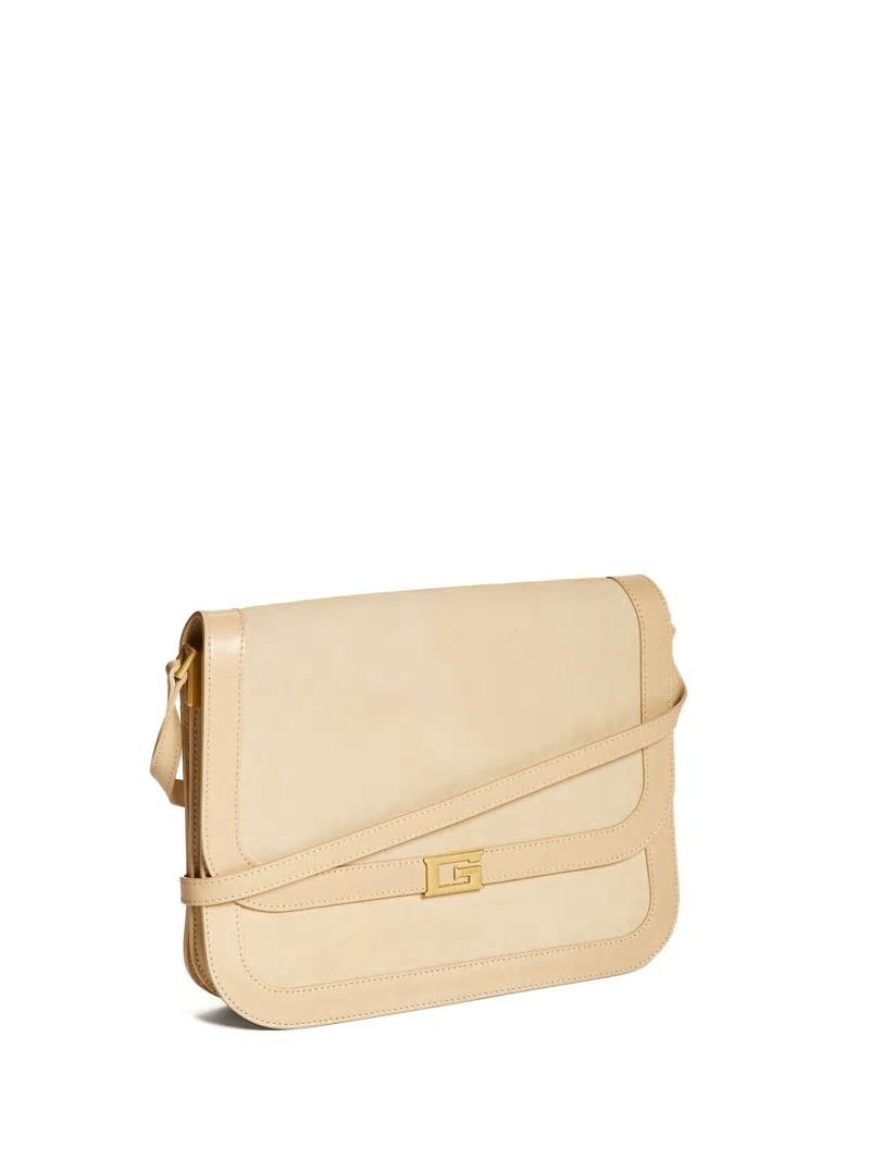 Guess Thea Medium Flap Leather Crossbody - Beige Overflow