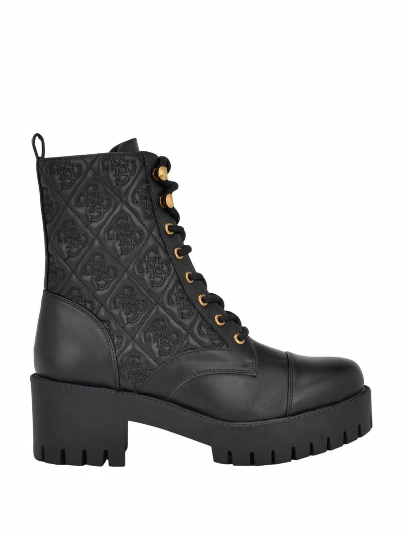 Guess Waite Embossed Lace-Up Moto Boots - Black 001