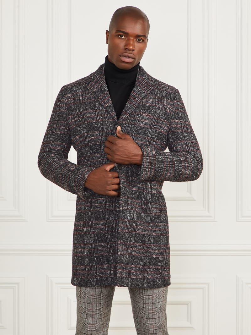 Guess Single Breasted Wool-Blend Coat - Black/White/Red Check