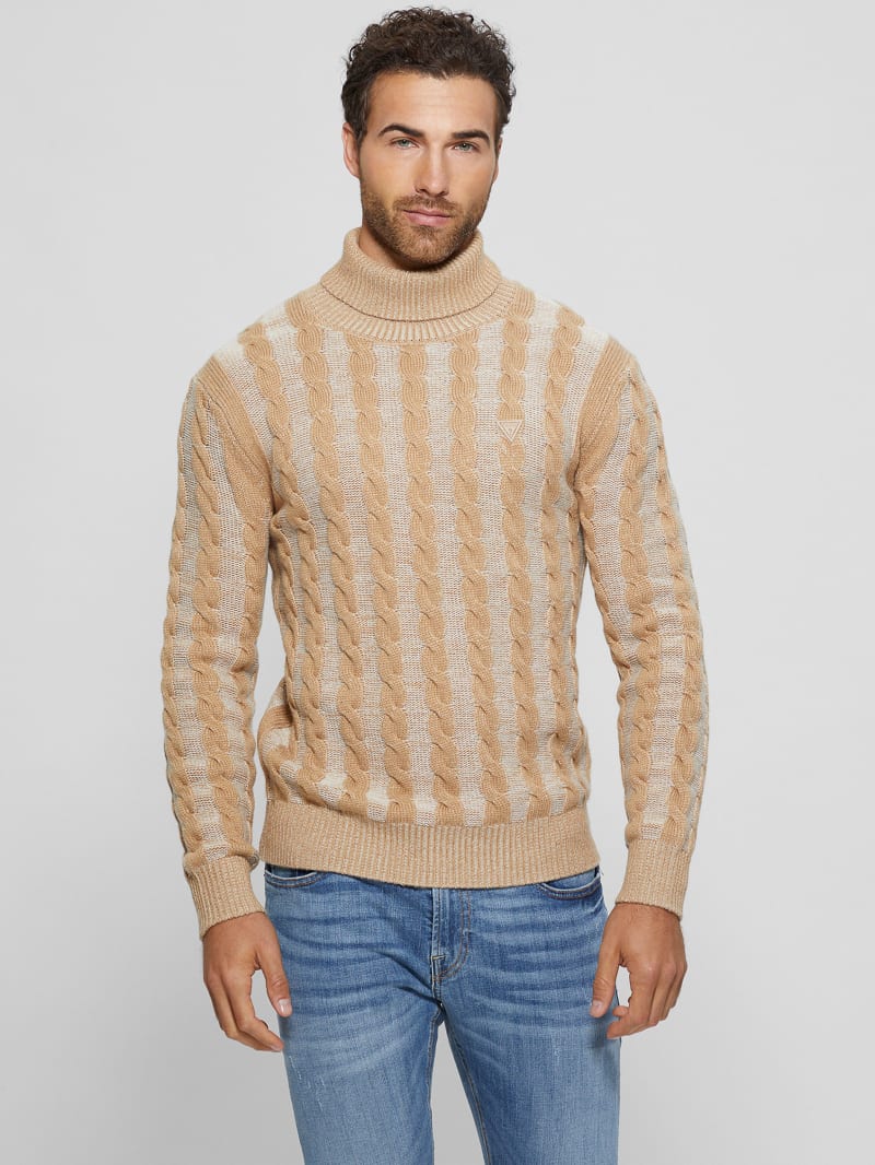 Guess Arkell Turtleneck Cable Sweater - Stone And Sand Combo