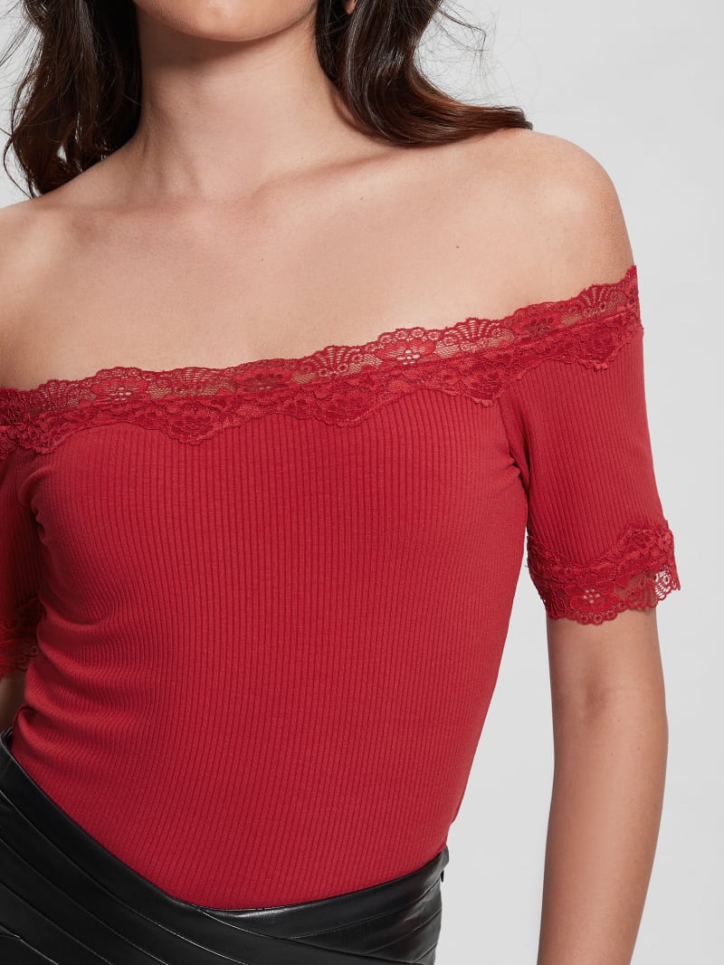 Guess Mei Lace Off-the-Shoulder Top - Chili Red