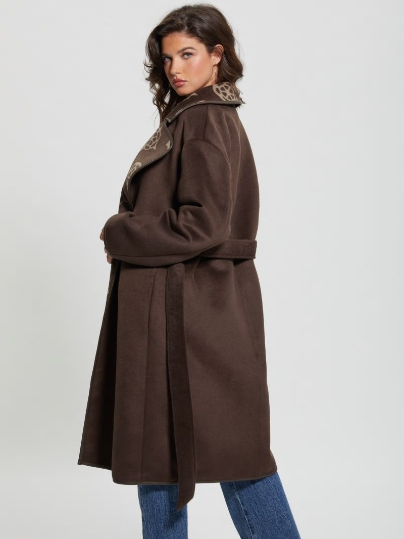 Guess Ludovica Wool-Blend Wrap Coat - Jacquard Logo Brown Combo